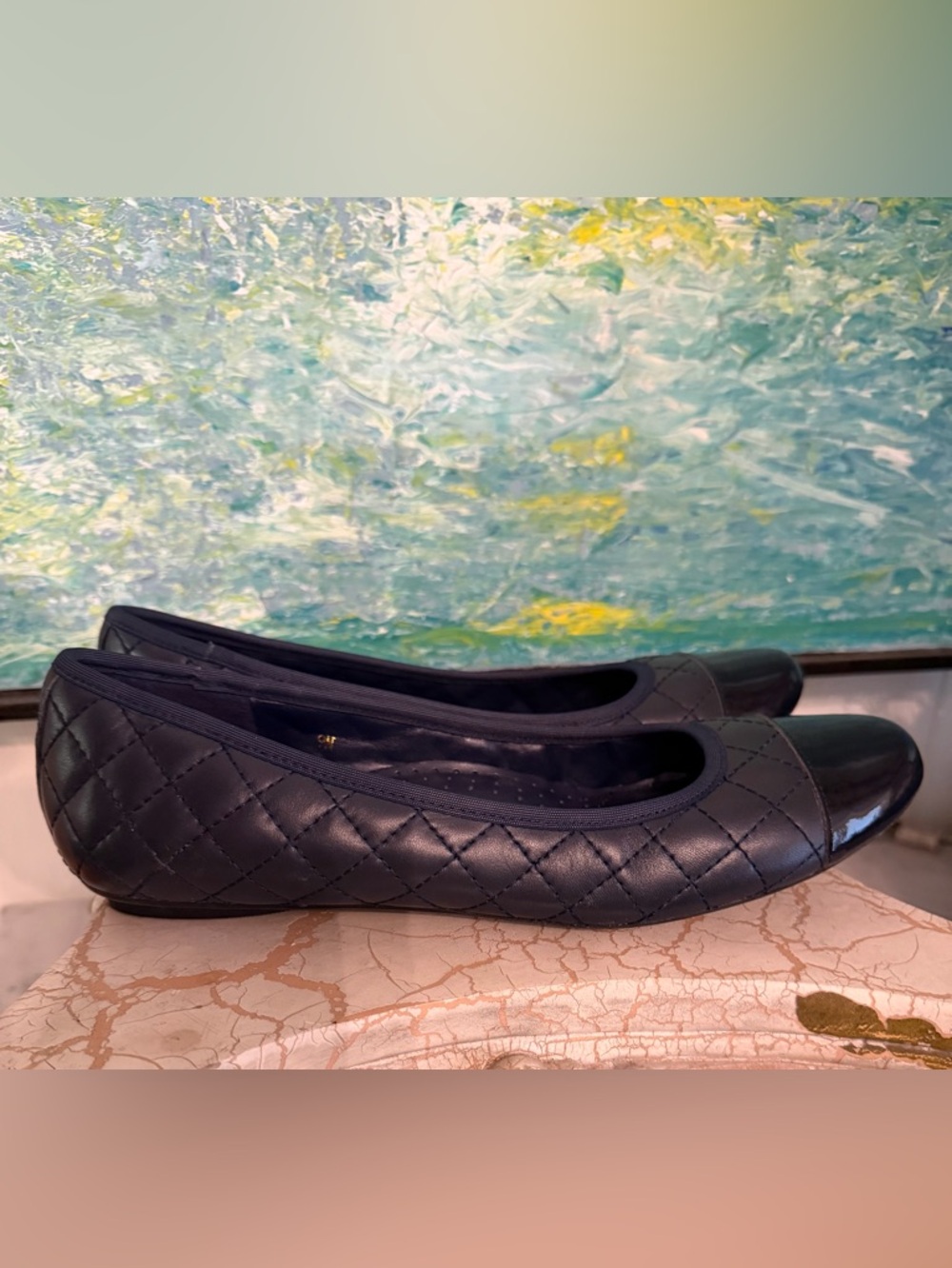 Vaneli Navy Quilted Flats with Patent Cap Toe